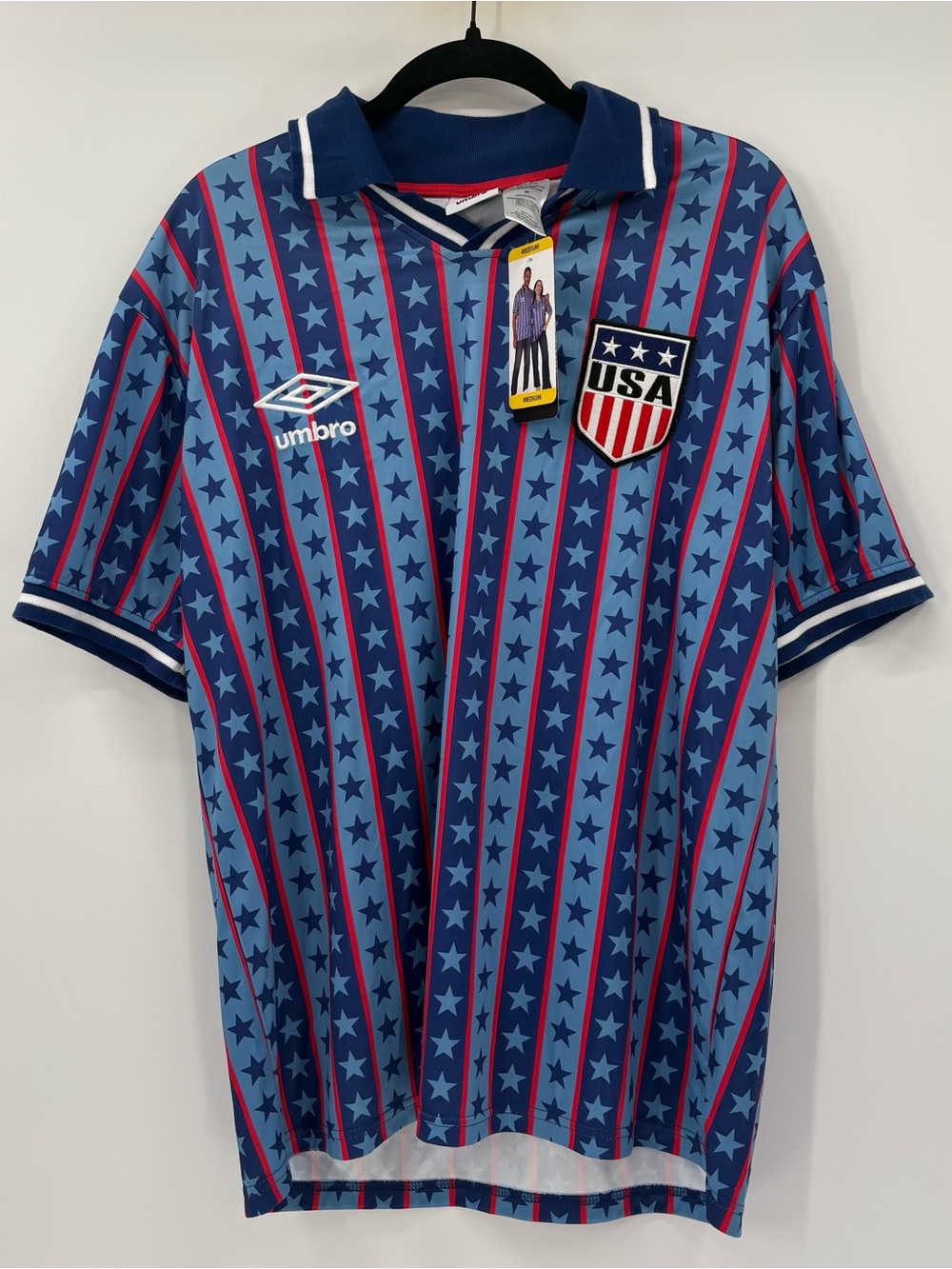 Umbro Men’s USA Star Stripe Polo in Navy and Light Blue
